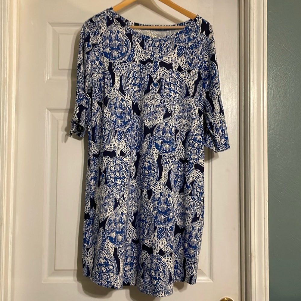 Lily Pulitzer Size Large Blue Cotton Knit Dress with Turtle Pattern